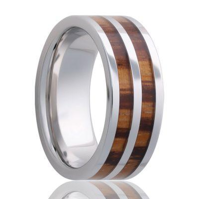 Mens Wedding Ring with double inlay of zebra wood in cobalt band