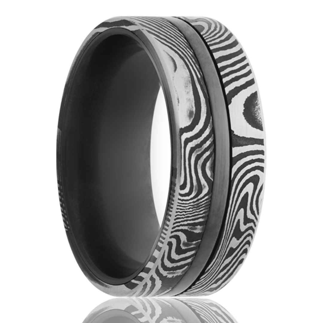 Men's wedding ring in zirconium with Damascus steel overlay 