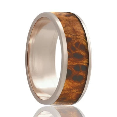 Men's White Gold Wedding Band | 14k Gold with Burl Wood Inlay