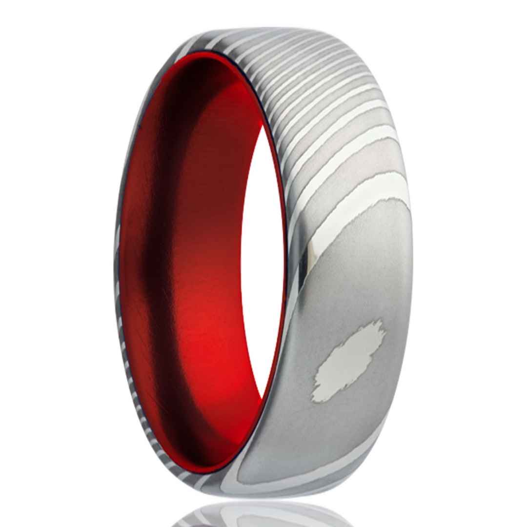 Men's damascus steel wedding ring with red inlay