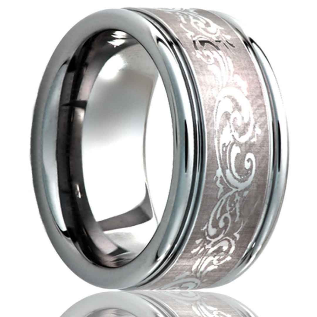 Men's tungsten wedding ring with laser pattern finish 