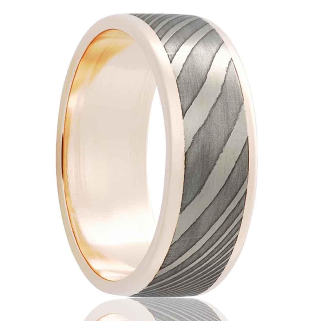 Gold Wedding Band with Damascus Steel Inlay White 