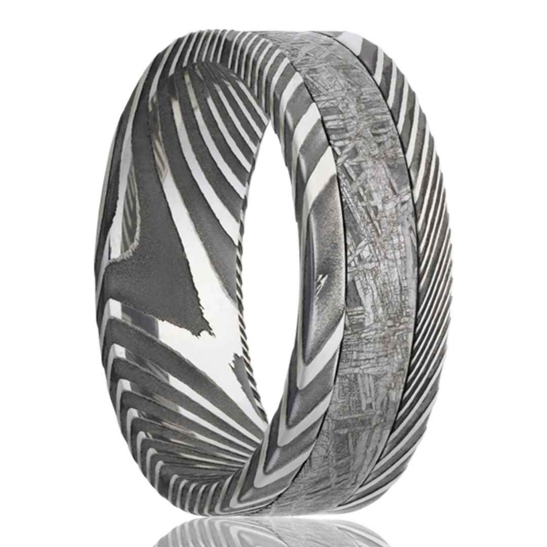 Men's Damascus Steel wedding ring with meteorite inlay