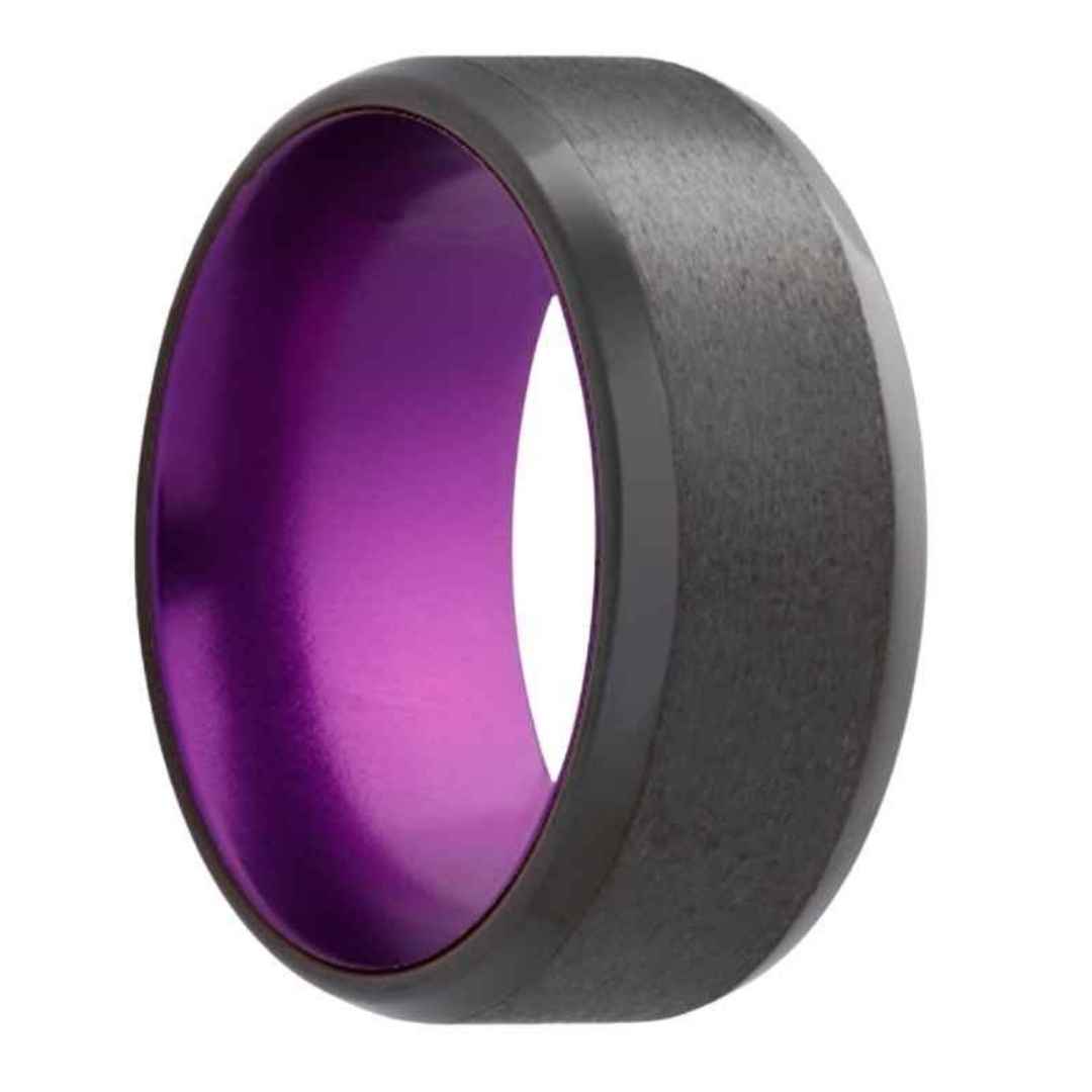 Men's zirconium wedding ring with purple sleeve & beveled edges