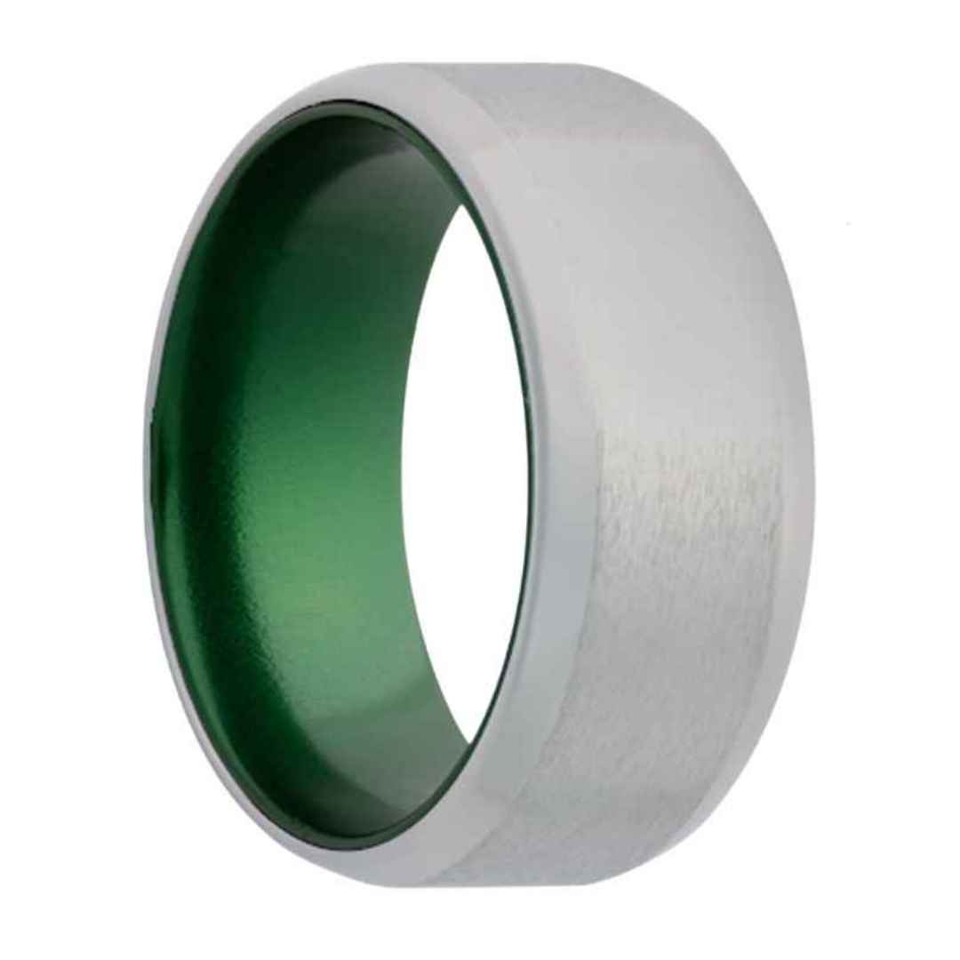 Men's cobalt wedding ring with green inlay & beveled edges