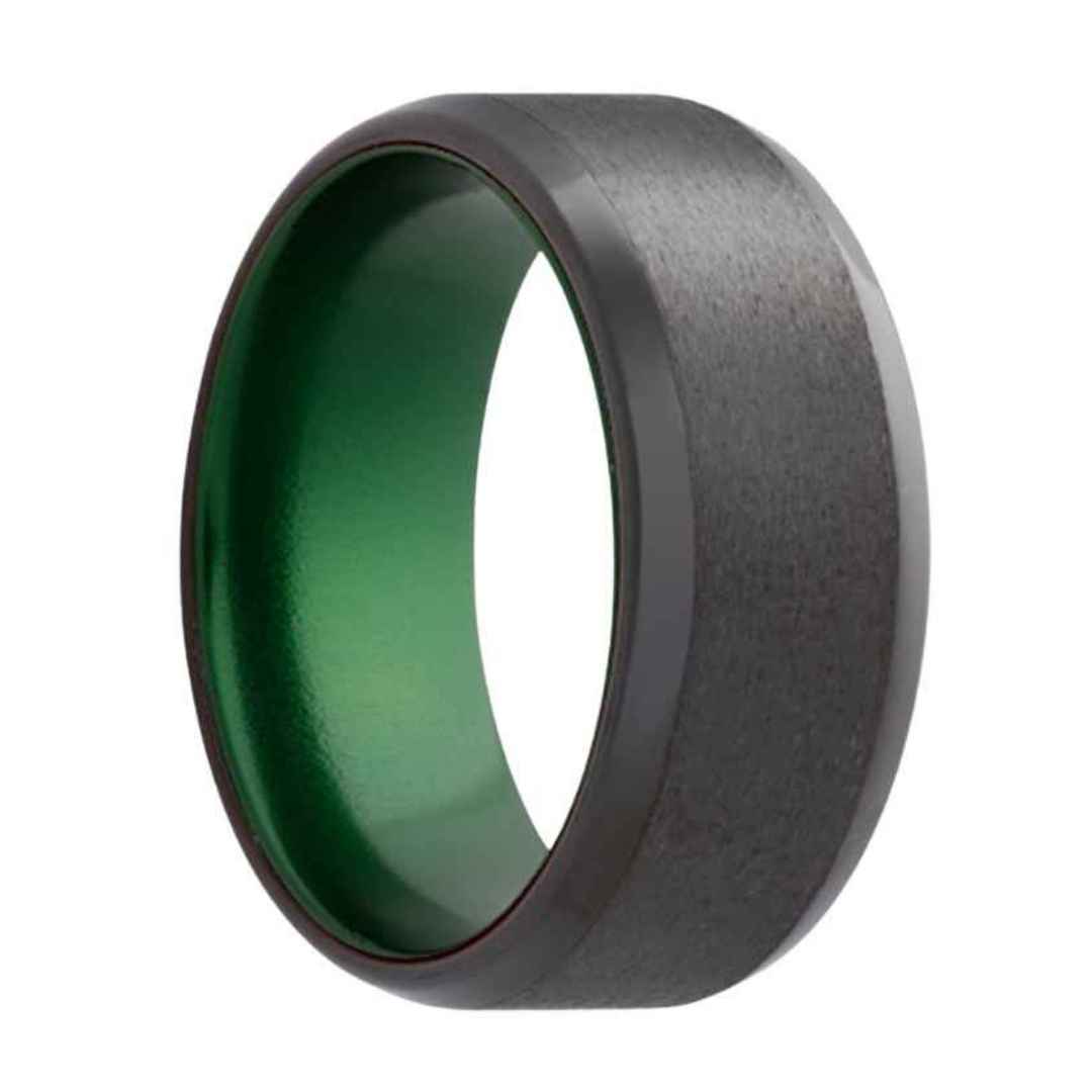 Men's domed zirconium with green inlay wedding ring 