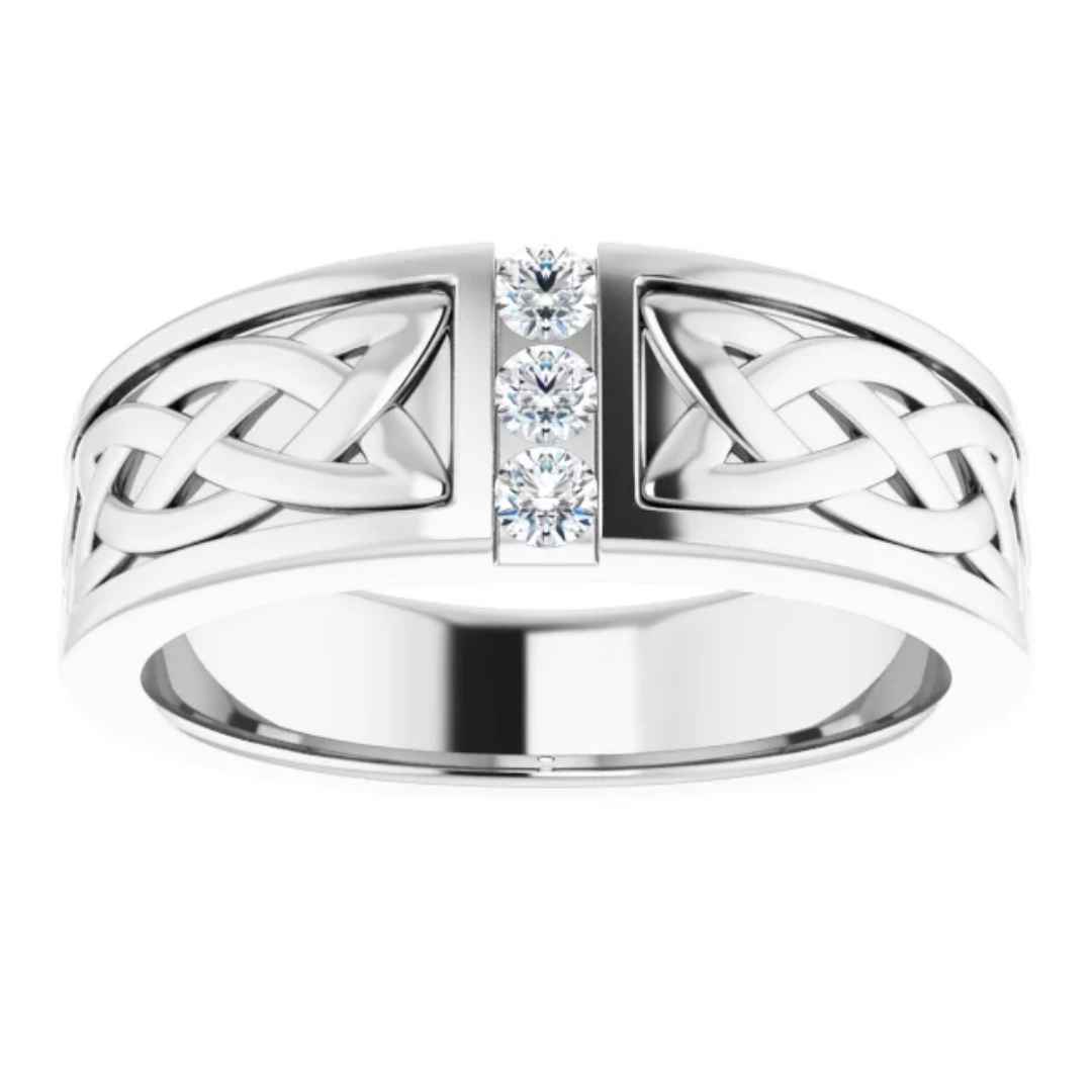 Men's 14K white gold Celtic wedding ring with diamonds