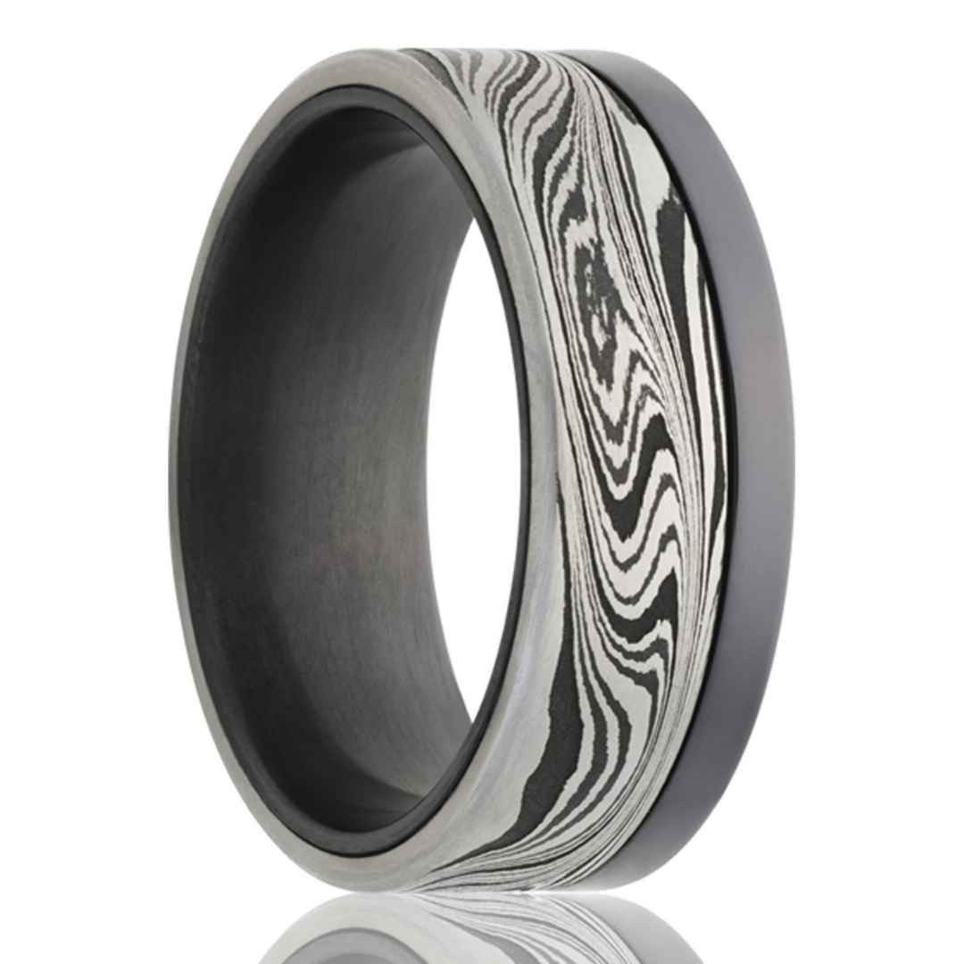 Men's zirconium with Damascus steel overlay wedding ring