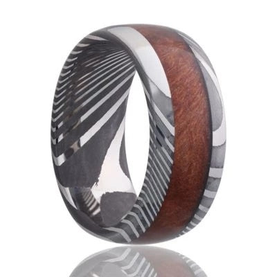 Customized Blue Dyed Wood Inlay Liner Flat Damascus Steel Ring Handmade  Wooden