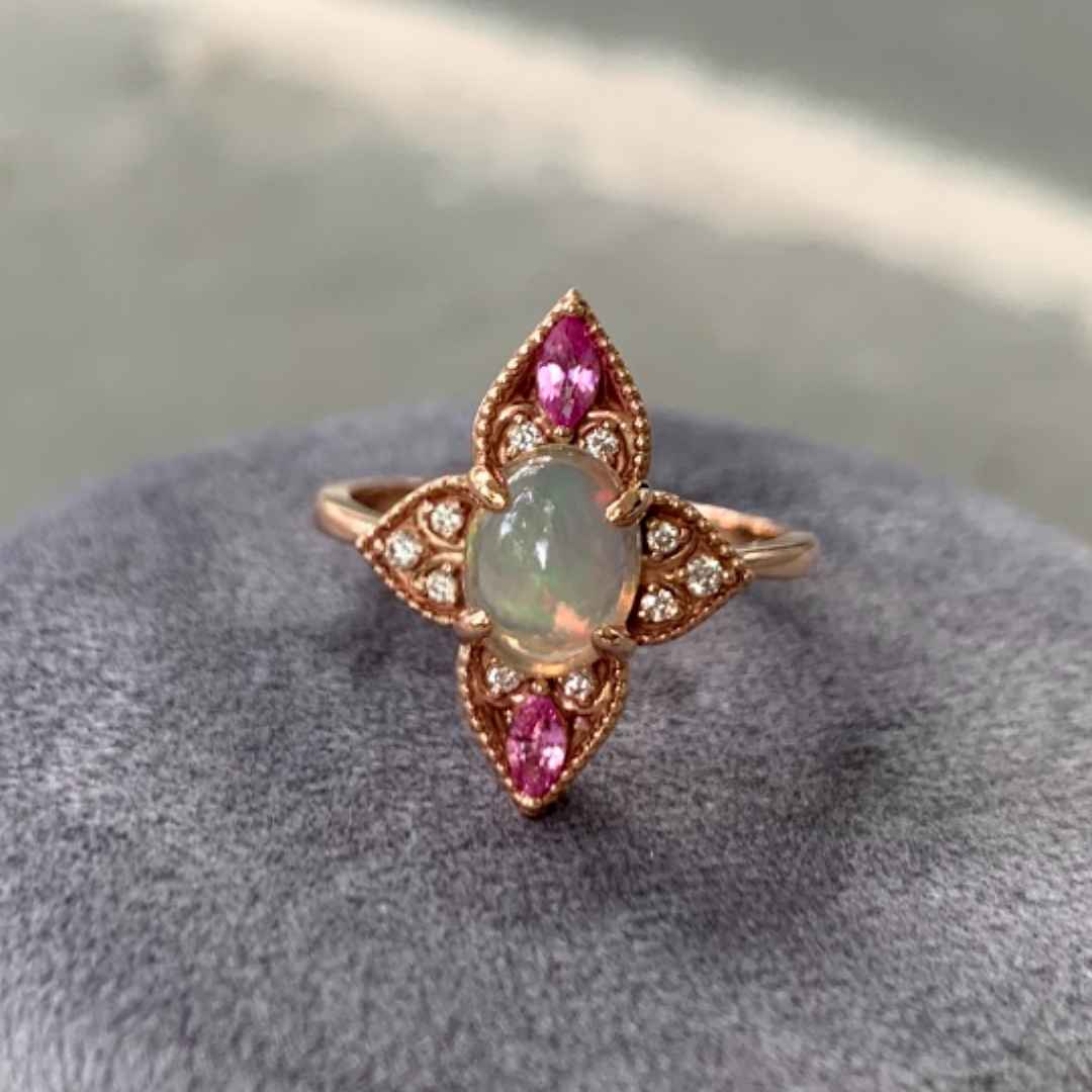 14K white gold opal and pink sapphire engagement ring