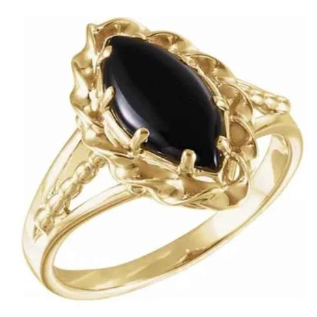 Womens 14k yellow gold ring with marquise shaped black onyx stone.