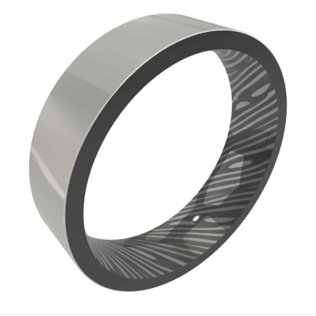 Men's zirconium wedding ring with Damascus steel inlay