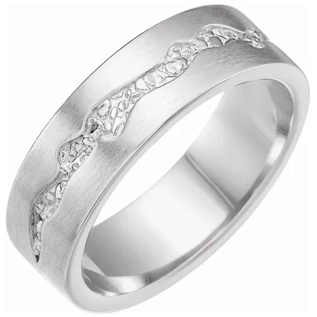 14K white gold wedding ring with nugget pattern 