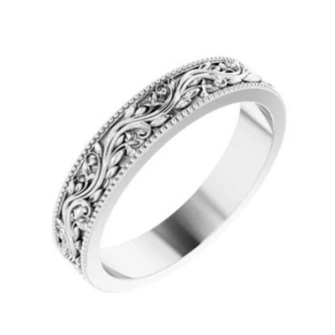 Women's 14K white gold filigree wedding ring 4mm