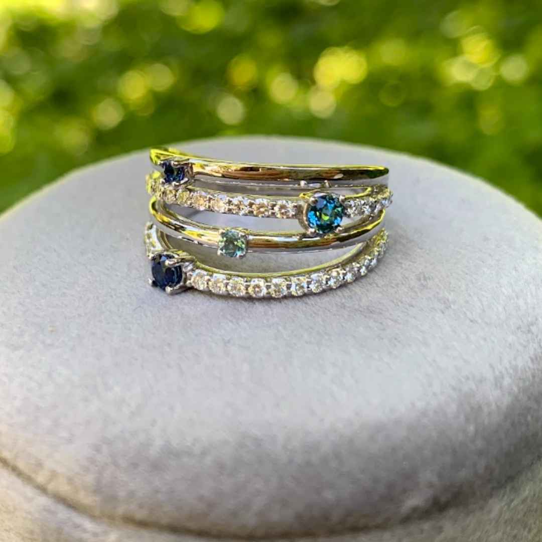 14K white gold diamond wedding ring with Blue Sapphire, Aquamarine, & London Blue Topaz stones
