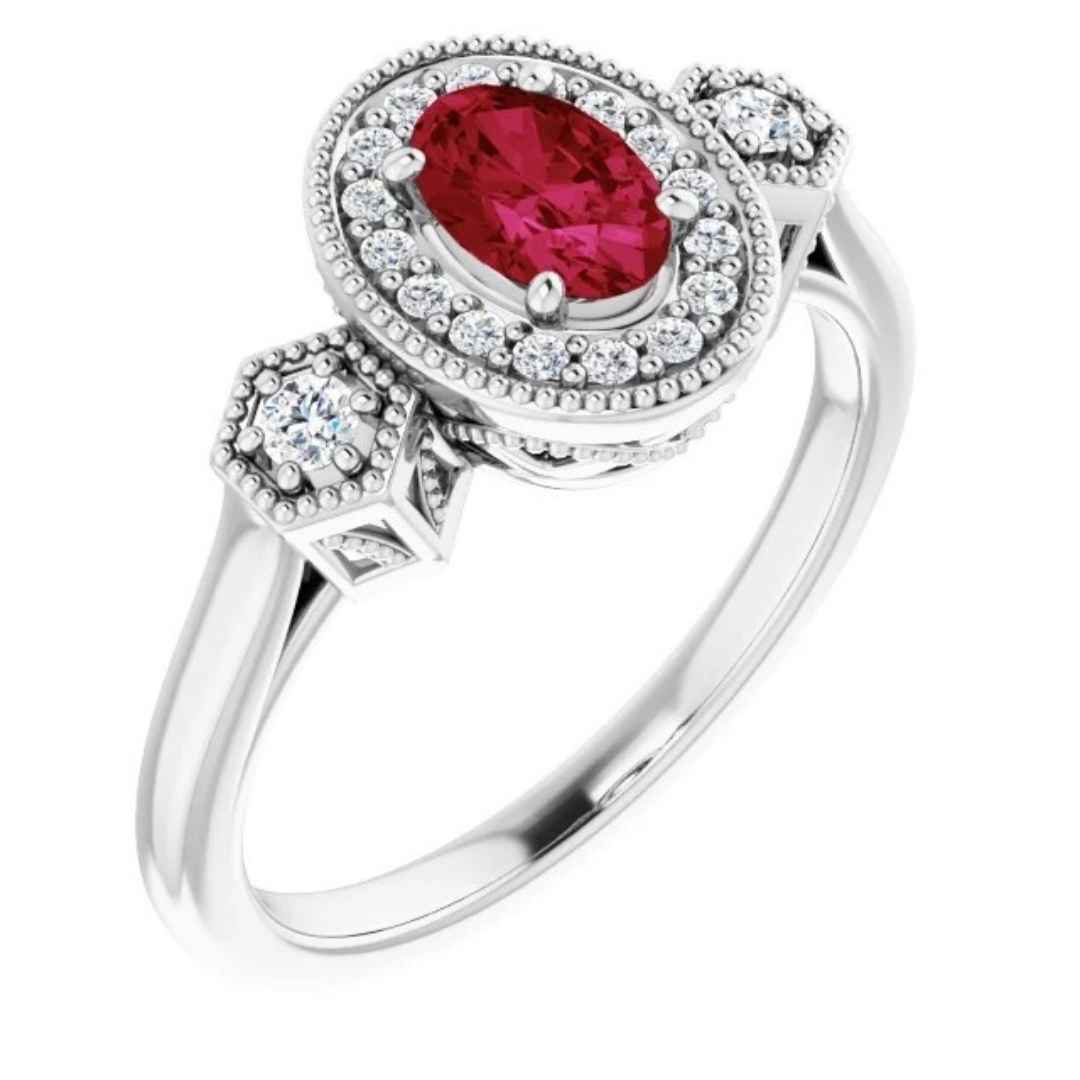 14k white gold ruby engagement ring with halo diamond setting