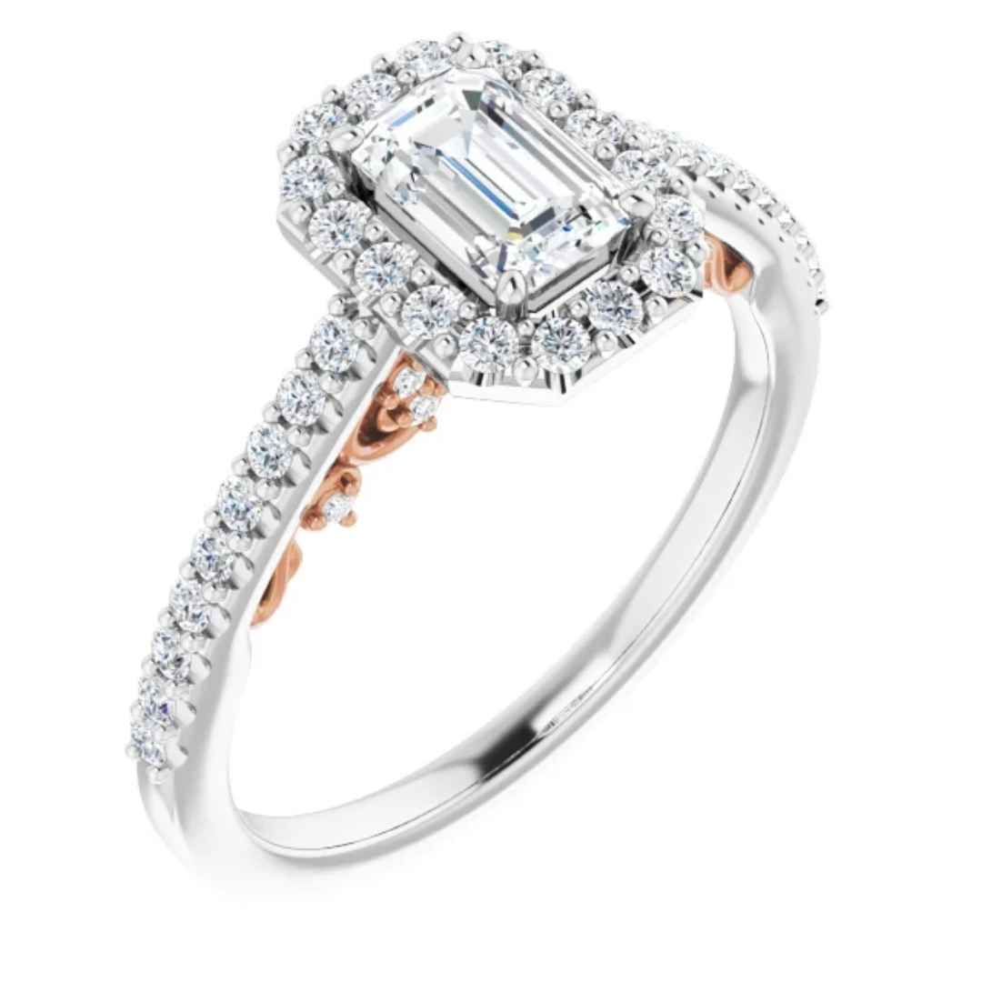 Women's 14k white gold emerald cut diamond engagement ring with rose gold filigree