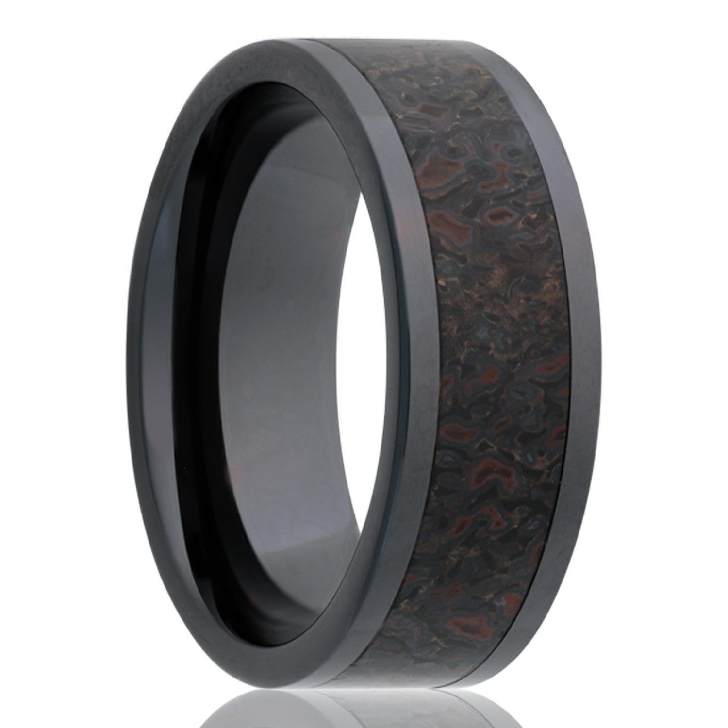 Black Ceramic Wedding Band. Grey Dino Bone Inlay Ring. Unique Wedding Ring. tcrings.com