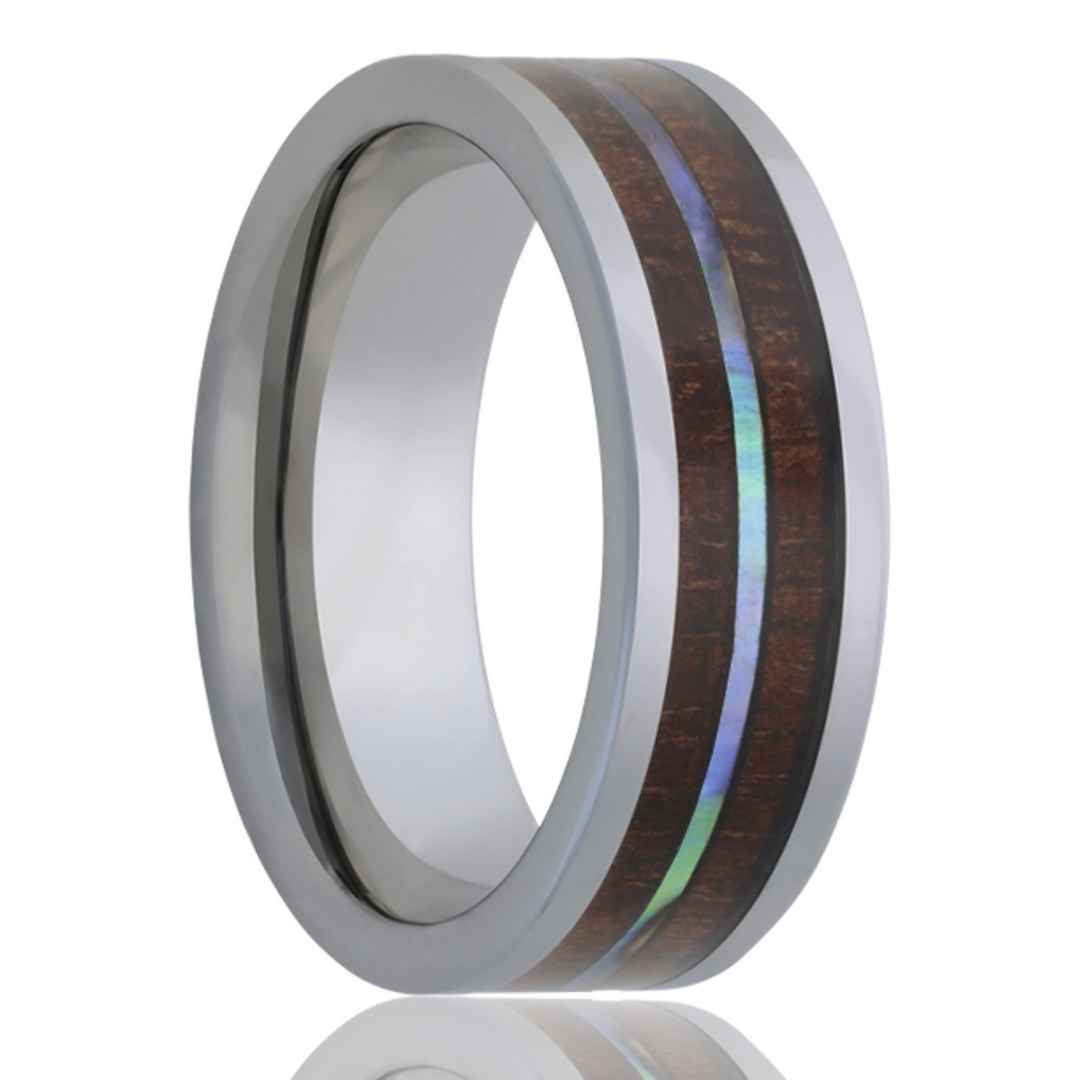 Men's tungsten wedding ring with koa wood and abalone inlay