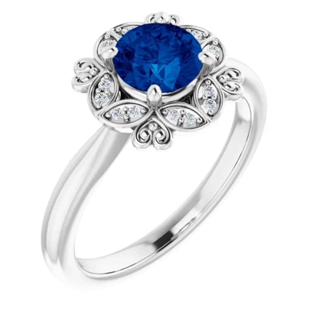 Women's 14k white gold lab created blue sapphire vintage inspired engagement ring