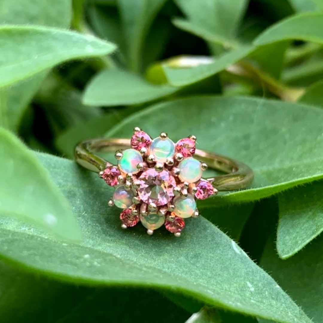 Women's 14k white gold ethiopian opal and pink topaz engagement ring