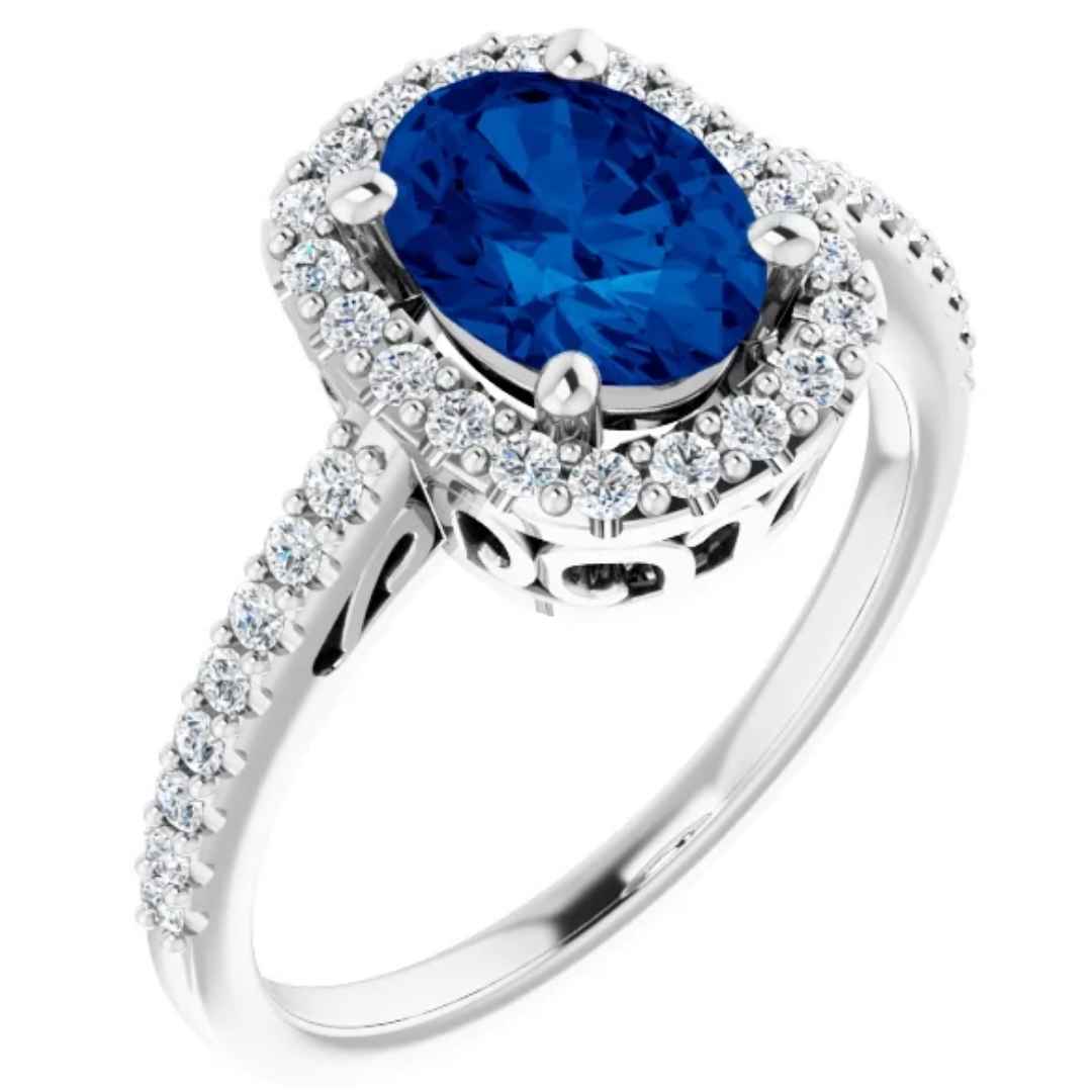 Women's 14K white gold lab created blue sapphire engagement ring