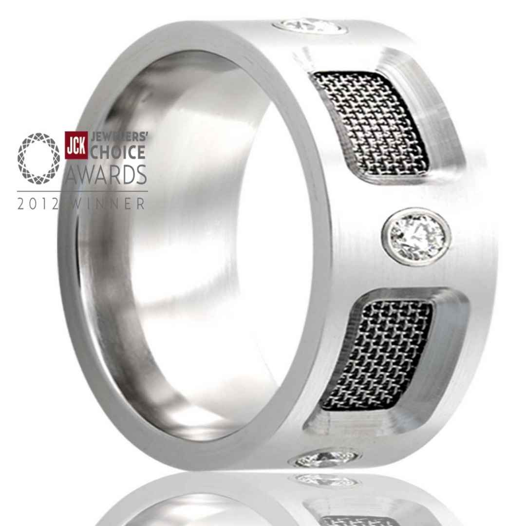 Men's cobalt wedding ring with mesh inlay and diamonds