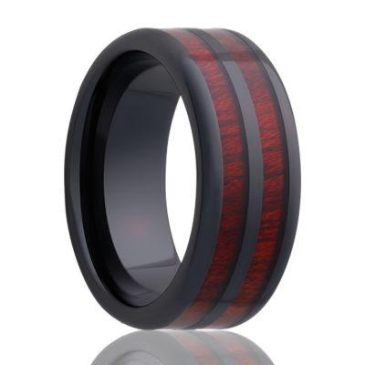 Black Ceramic Wedding Ring Bloodwood Inlays