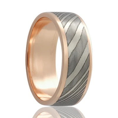Gold Wedding Band with Damascus Steel Inlay White 
