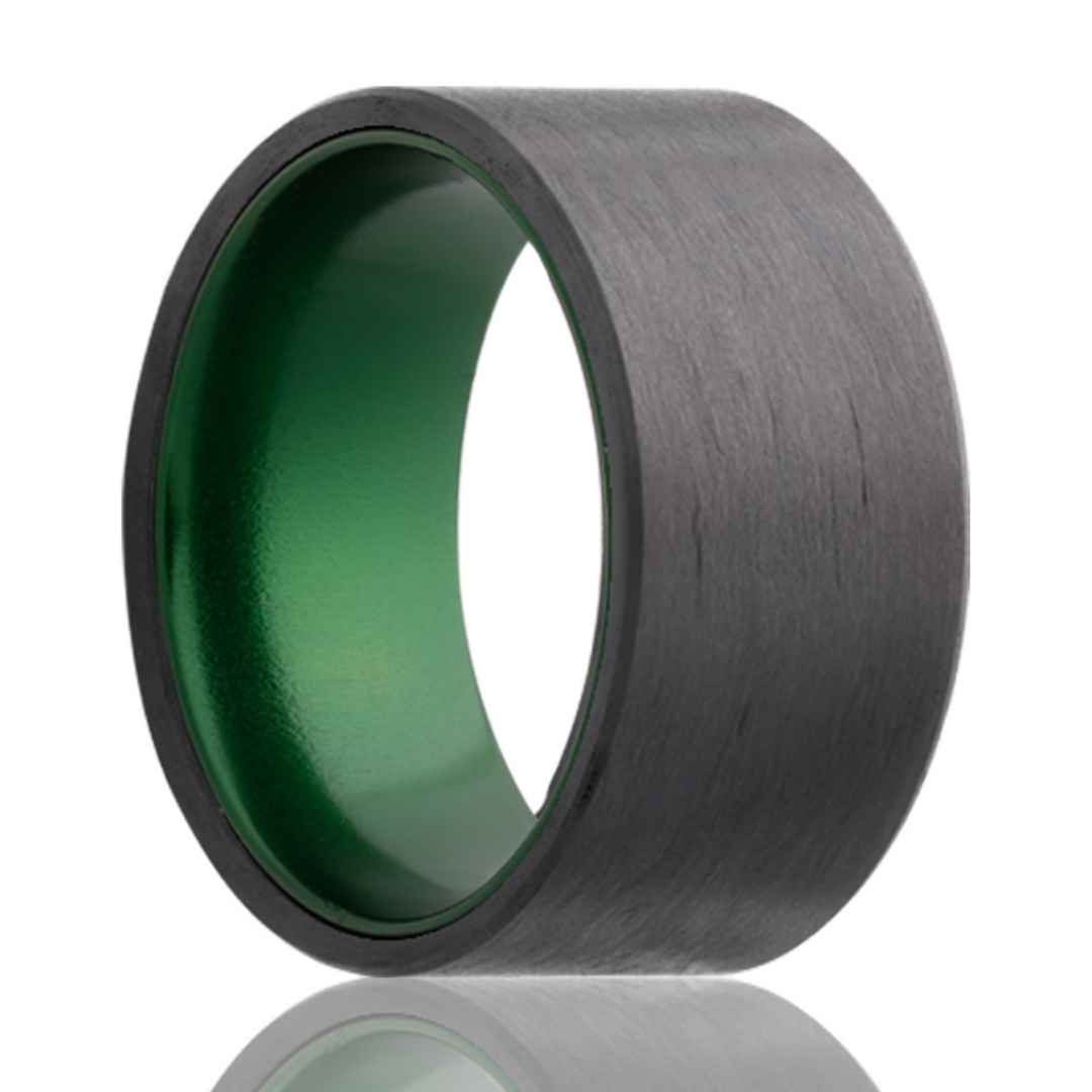 Men's carbon fiber wedding ring with green inlay